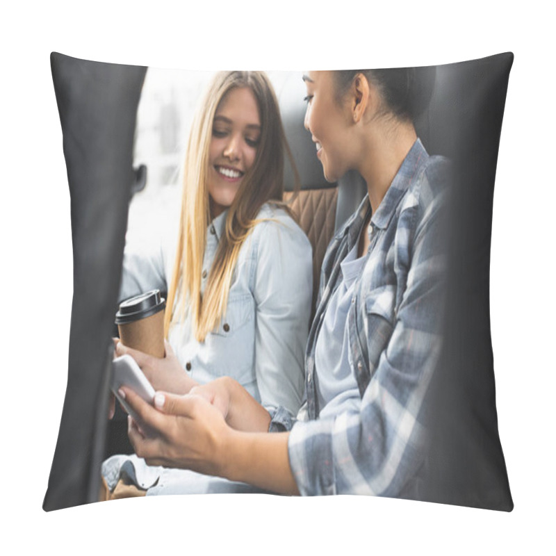 Personality  Selective Focus Of Asian Woman Showing Smartphone To Her Female Friend With Paper Cup Of Coffee During Trip On Bus Pillow Covers