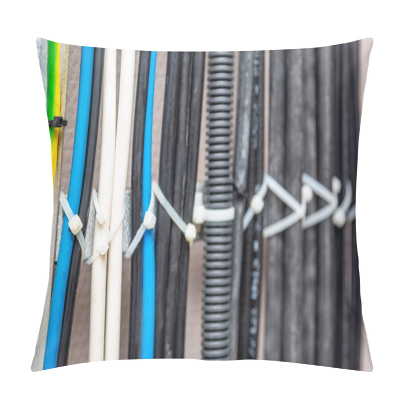 Personality  Cables Fastened With White Ties On The Cable Ladder. Black, Gray, Yellow, White, Ground Wires, Corrugated Cable. Cable Management. Close-up. Horizontal Orientation. Pillow Covers