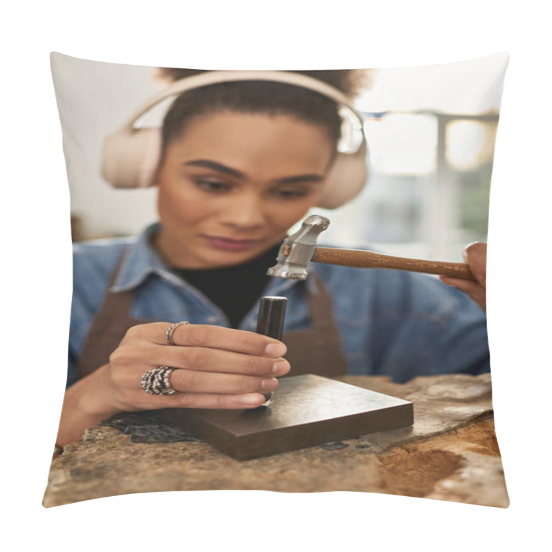 Personality  A Talented Woman Carefully Shapes A Jewelry Piece, Showcasing Her Craftsmanship And Focus. Pillow Covers