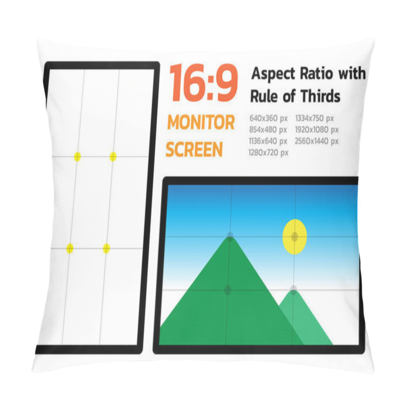 Personality  16 By 9 Monitor Screen Aspect Ratio With Rule Of Thirds. Most Famous Dimension Of Devices Display. Demo Landscape Image And Pixel Size. Layers Vector Illustration. Pillow Covers