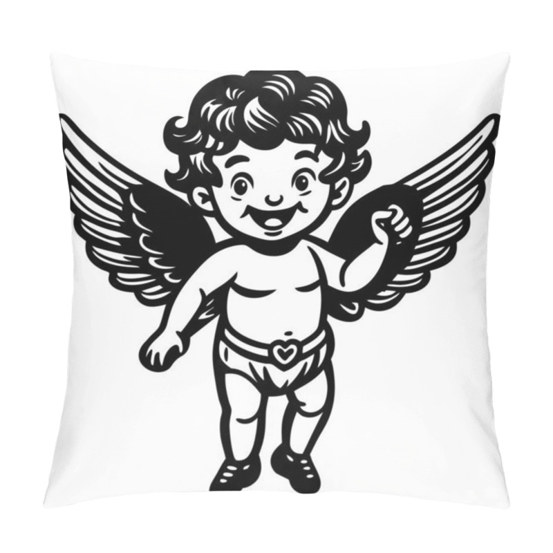 Personality  Happy Cherub With Wings And Heart-shaped Belt Buckle. Black And White Line Art Illustration For Valentine's Day Design Pillow Covers