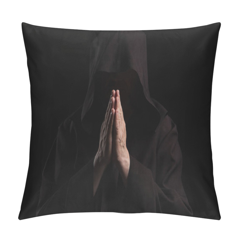 Personality  Front View Of Mysterious Anonymous Monk With Praying Hands Isolated On Black Pillow Covers