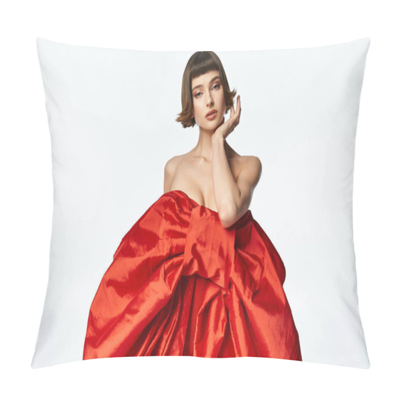 Personality  A Fashionable Young Woman Poses Gracefully In A Vibrant Red Dress. Pillow Covers