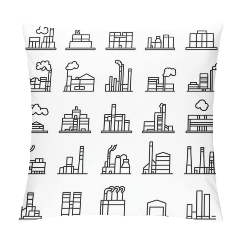 Personality  A Collection Of Minimalist Factory Icons, Showcasing Various Industrial Designs In Clean Line Art Style. Pillow Covers