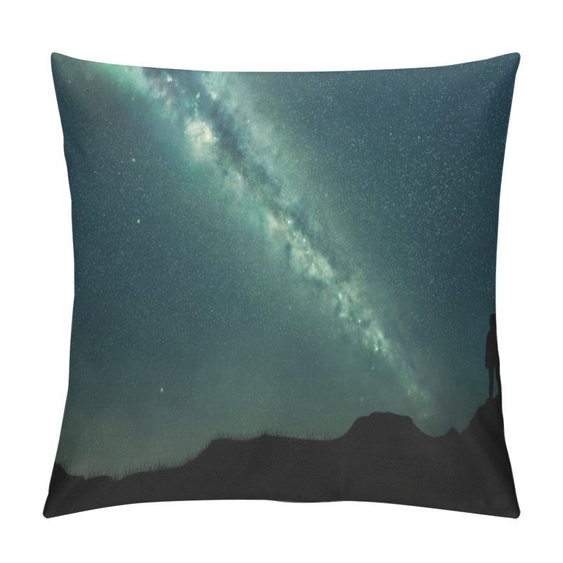 Personality  Silhouette Of A Young Girl On A Mountainous Landscape At Night Against A Blue Sky Full Of Stars And An Incredible Milky Way. Pillow Covers