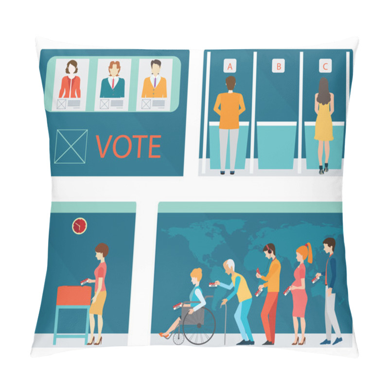 Personality  Info Graphic Of Voting Booths With People Waiting In Line. Pillow Covers