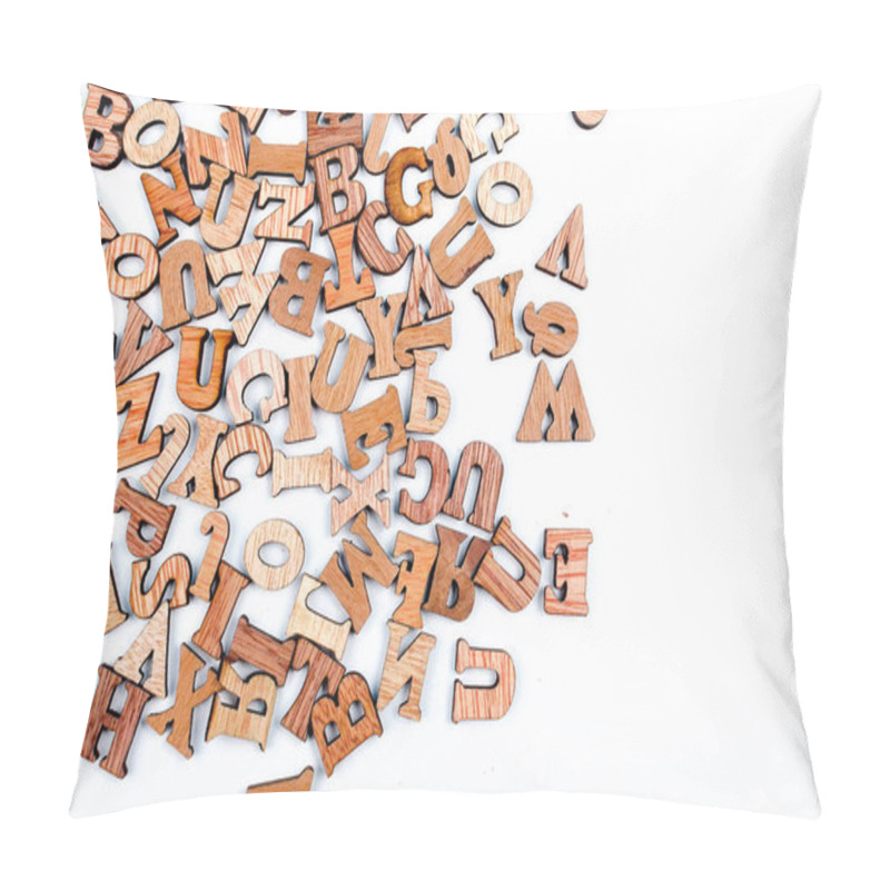 Personality  Scattered Mixed Brown Wooden Letters Of The English Alphabet On White Background, Copy Space, As A Background Composition  Pillow Covers