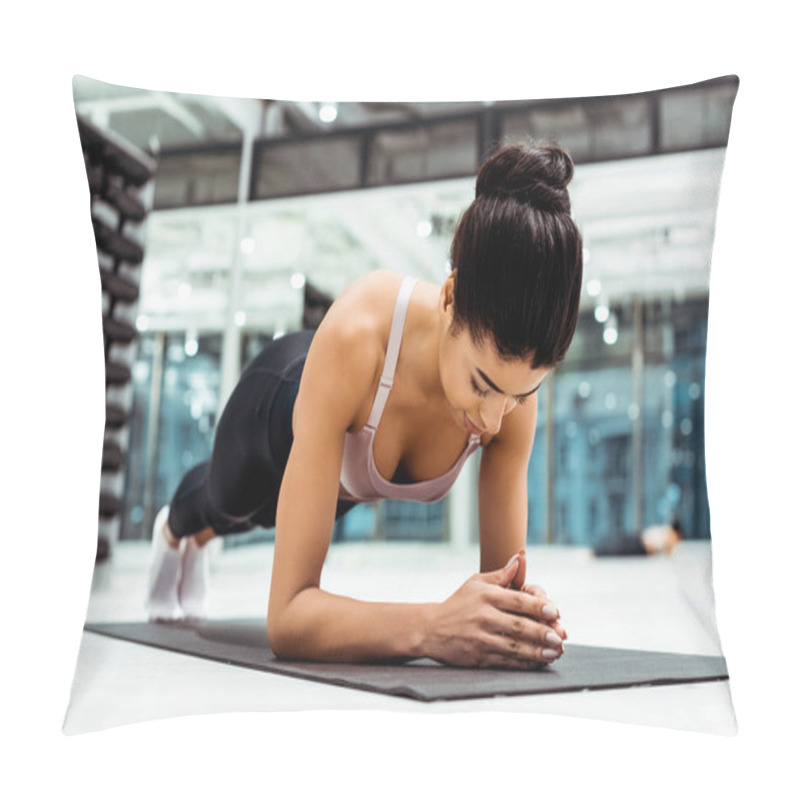 Personality  Beautiful Sportive Girl Doing Plank On Mat  In Fitness Gym Pillow Covers