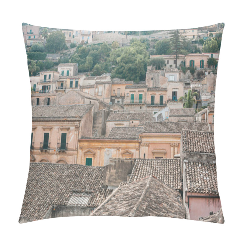 Personality  Roofs Of Houses Near Green Trees In Ragusa, Italy  Pillow Covers