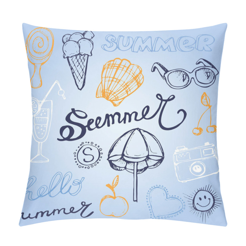 Personality  Hand Drawn Doodle Vector Summer Banner. Summer Template Banner. Hello, Summer! Vector Illustration. Pillow Covers