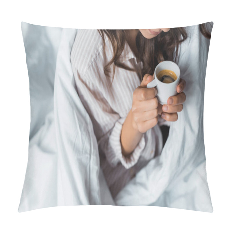 Personality  Cropped View Of Girl Holding Cup Of Espresso Coffee In The Morning Pillow Covers