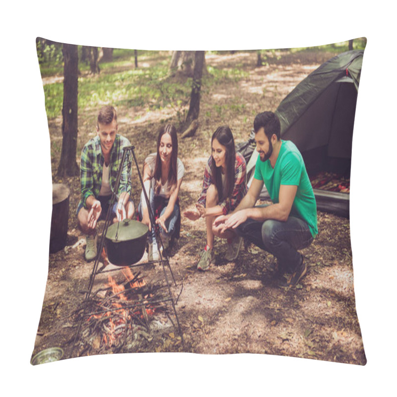 Personality  Trekking, Camping And Wild Life Concept. Four Best Friends Are Hiking In The Spring Woods, Ladies Are Talking And Laughing, All Are Excited And Anxious In  Jungle Trail Pillow Covers