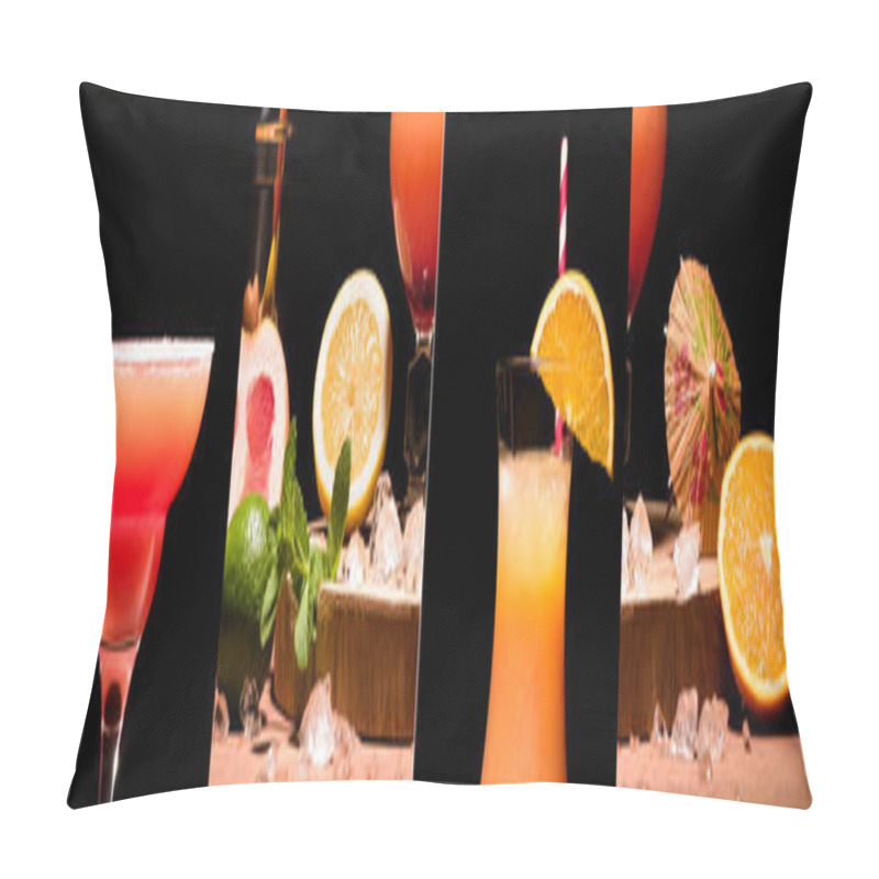 Personality  Collage Of Alcohol Cocktails Near Mint Leaves, Oranges, Lime And Lemon Isolated On Black  Pillow Covers