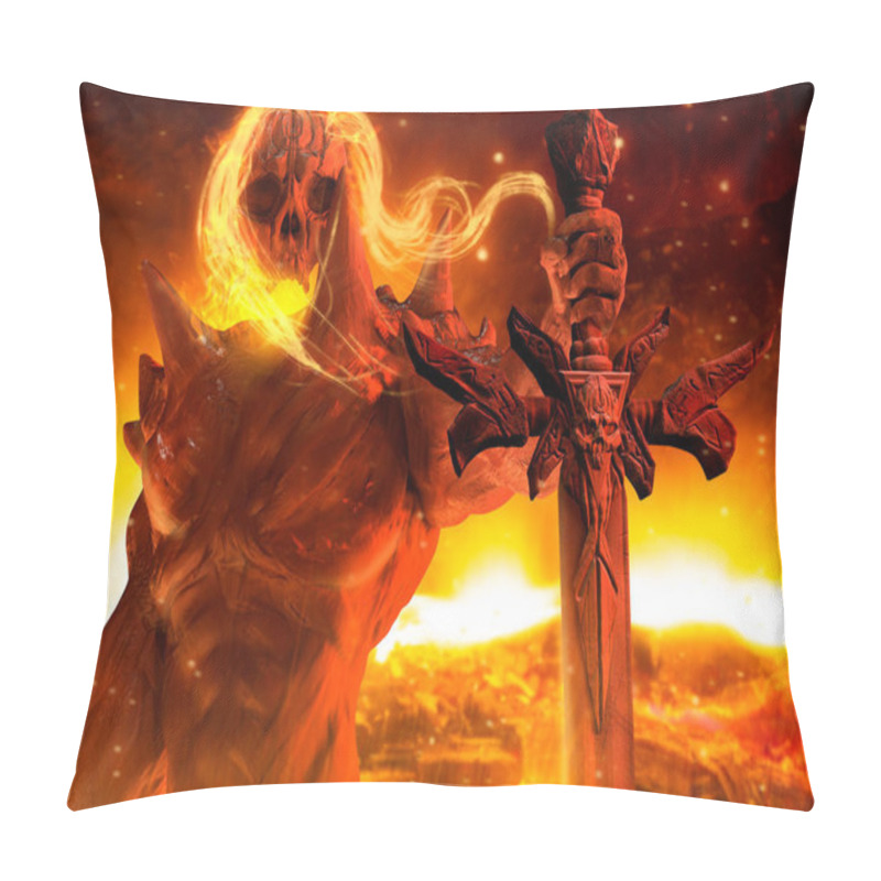 Personality  Demon Prince With Flame Hair And Skeleton Head Holding A Skull Engraved Sword Horizontal View On Hellish Background. Pillow Covers