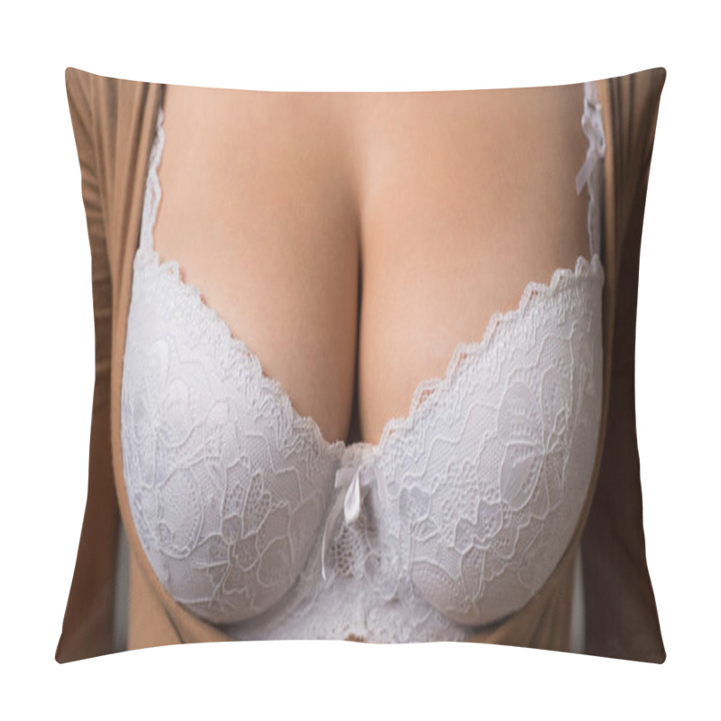 Personality  Women Body. Bra Model. Plastic Surgery. Female Breast. Women Body Shape. Breast Boobs, Woman After Plastic Surgery. Close Up Of Breast Of Attractive Girl Presenting Her Bra. Woman In Underwear. Pillow Covers