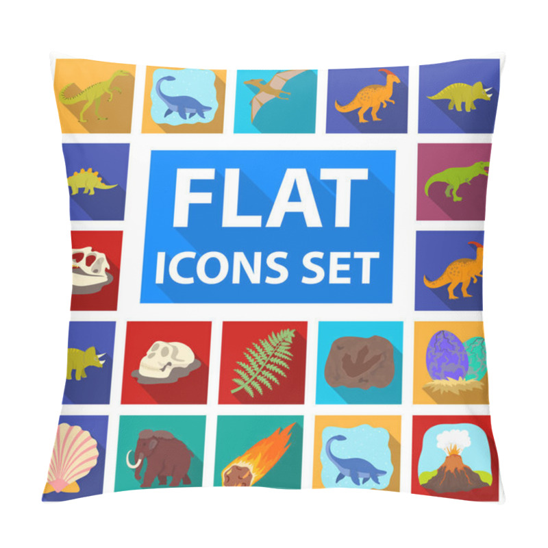 Personality  Different Dinosaurs Flat Icons In Set Collection For Design. Prehistoric Animal Vector Symbol Stock Web Illustration. Pillow Covers