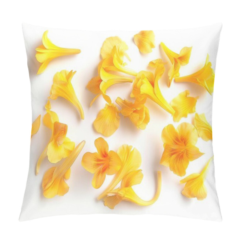 Personality  A Vibrant Arrangement Of Yellow Flower Petals Scattered Elegantly On A White Background. Pillow Covers