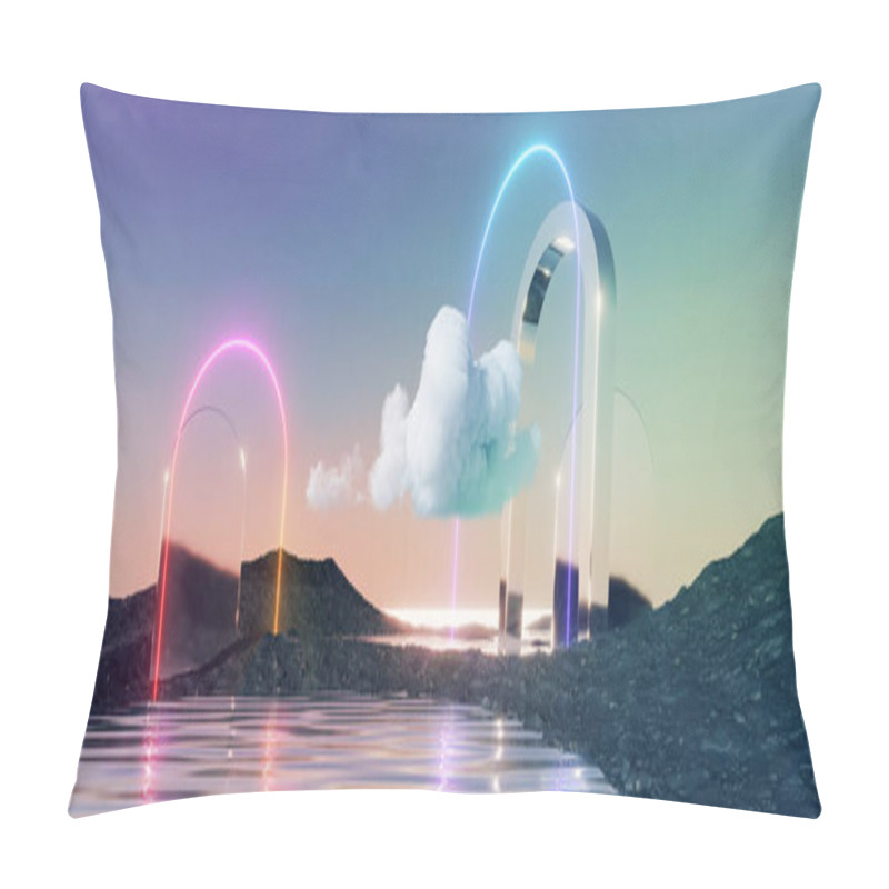 Personality  3d Render, Abstract Panoramic Background. Fantastic Landscape With Water, Rocks, Mirror Arch, Neon Frame And Cloud. Pastel Gradient Sky. Modern Minimal Aesthetic Wallpaper Pillow Covers