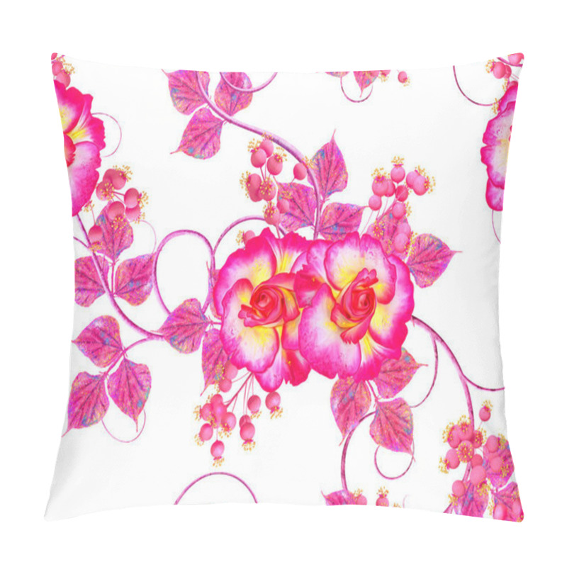 Personality  Violet, Pink Flowers With A Paisley Element, Delicate Curls, Bright Leaves, Inflorescences Of Berries. Floral Seamless Pattern. Pillow Covers