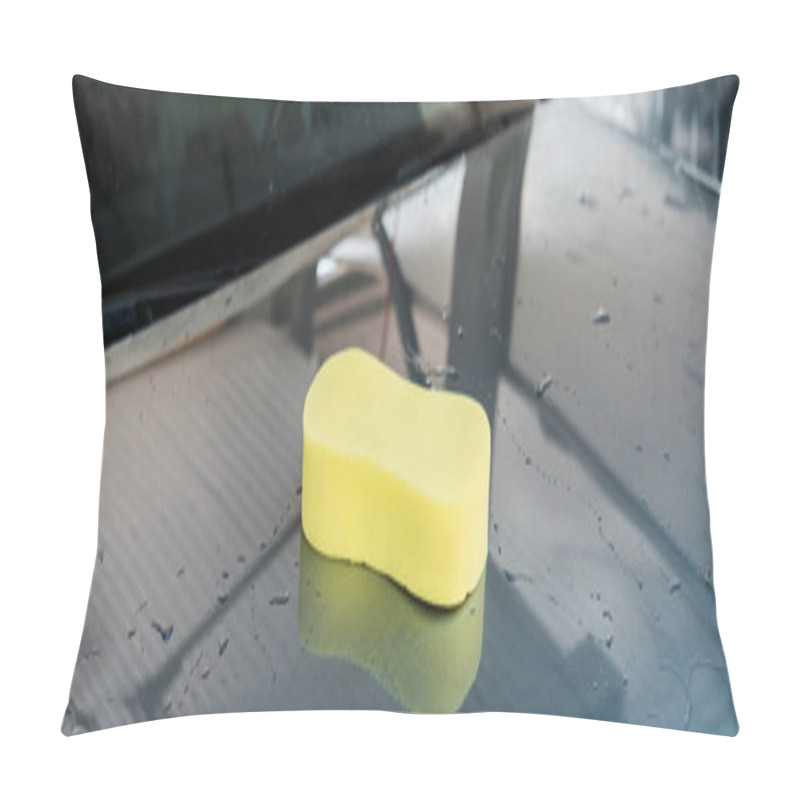 Personality  Panoramic Shot Of Yellow Sponge On Clean And Wet Grey Automobile  Pillow Covers