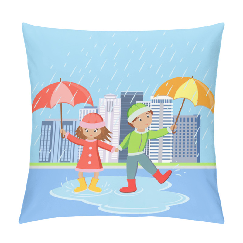 Personality  Children With Umbrellas In The Rain Pillow Covers