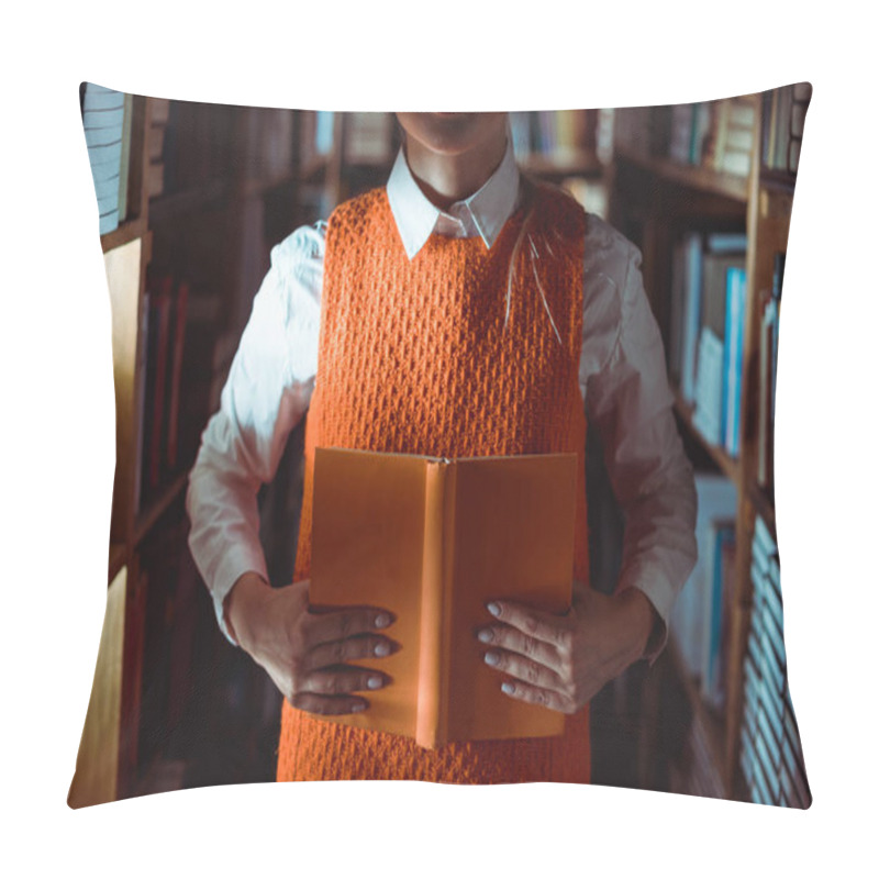 Personality  Partial View Of Woman In Dress Holding Orange Book With Copy Space In Library  Pillow Covers