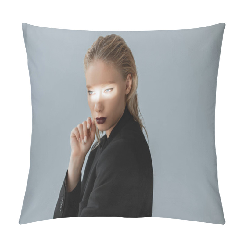 Personality  Attractive Girl Posing In Formal Wear With Light Beam On Face Isolated On Grey Pillow Covers