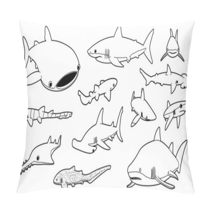 Personality  Various Sharks Cartoon Vector Illustration Monochrome 2 Pillow Covers