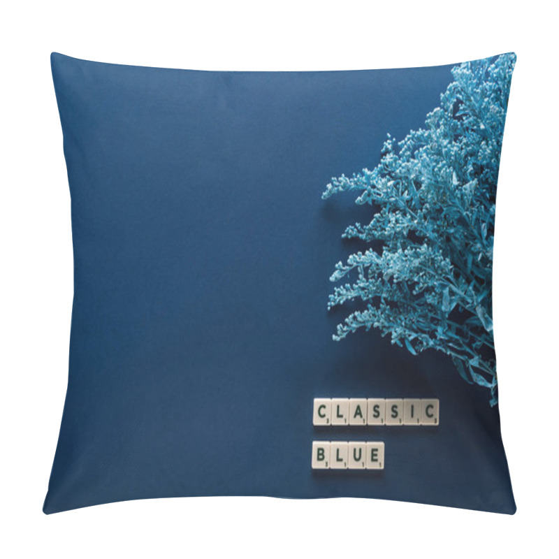 Personality  Top View Of Classic Blue Lettering On Cubes Near Painted Plant On Blue Background Pillow Covers