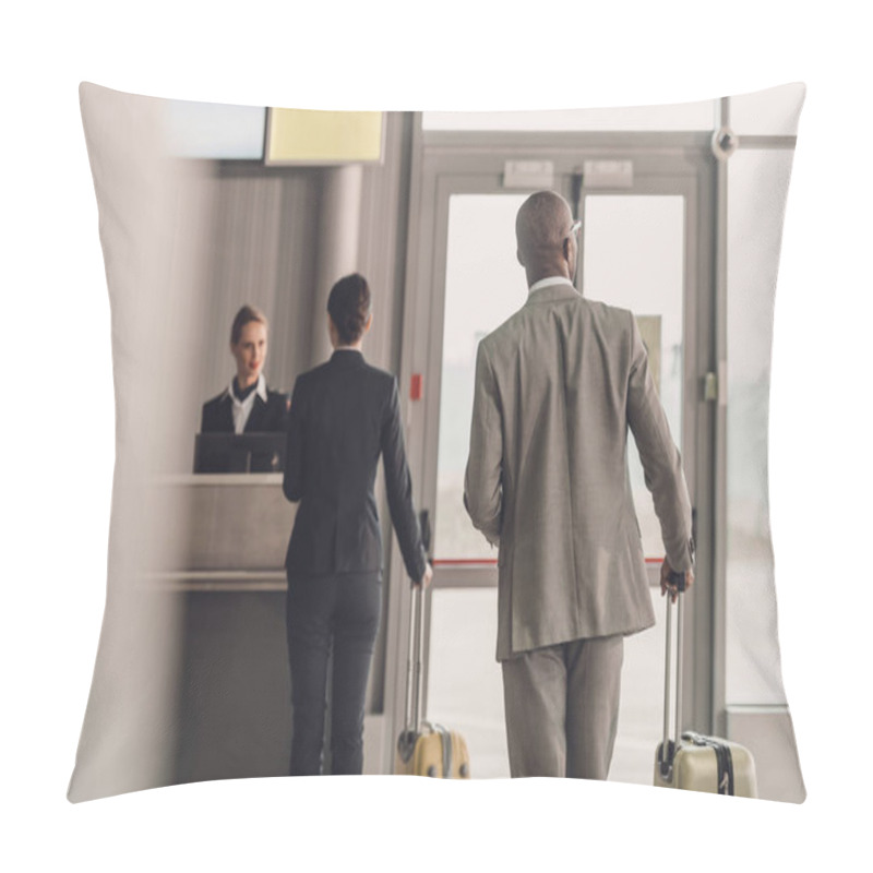 Personality  Rear View Of Businesspeople Walking To Airport Check In Counter Pillow Covers