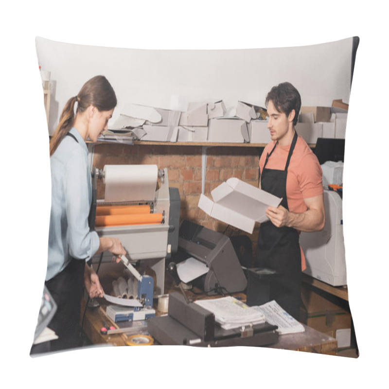 Personality  Woman In Apron Working With Punching Machine For Paper Next To Colleague With Carton Box  Pillow Covers