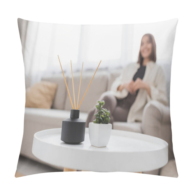 Personality  Bamboo Aroma Sticks And Plant On Coffee Table Near Blurred Woman At Home  Pillow Covers