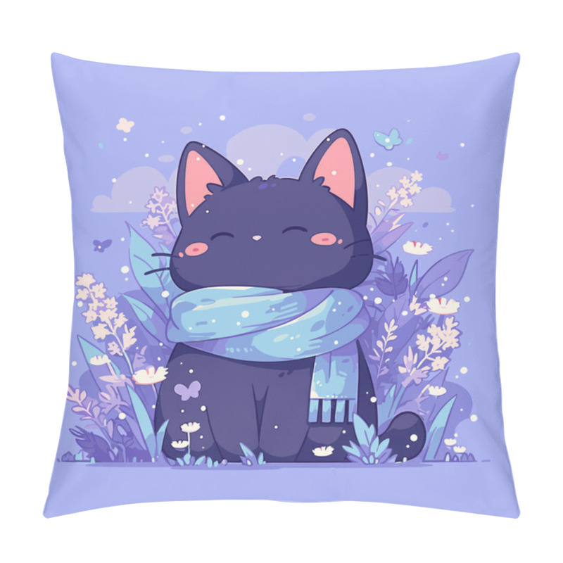 Personality  Adorable Cartoon Cat In Floral Meadow With Scarf Amid Butterflies. Vector Cute Cat. Pillow Covers