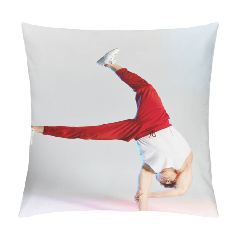 Personality  Young Man In Red Sweatpants Doing A Handstand On Hands On White Background Pillow Covers