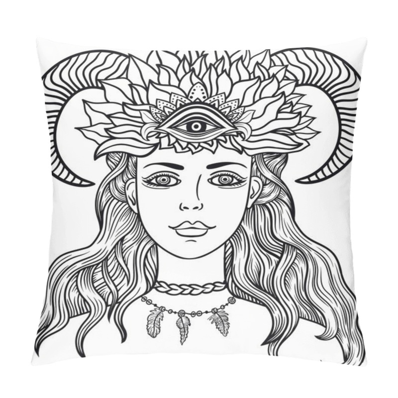 Personality  Hand Drawn Beautiful Artwork Of Female Shaman With Third Eye And Ram Horn . Alchemy, Spirituality, Tattoo Line Zentangle Hipster Art, Coloring Books.Isolated Vector Illustration. Feathers, Horns Pillow Covers