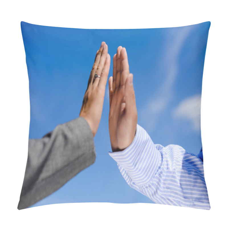 Personality  Business Man And Woman Giving Five, Close Up Hands Detail. Two Hands Clap Together Under Blue Sky.  Pillow Covers