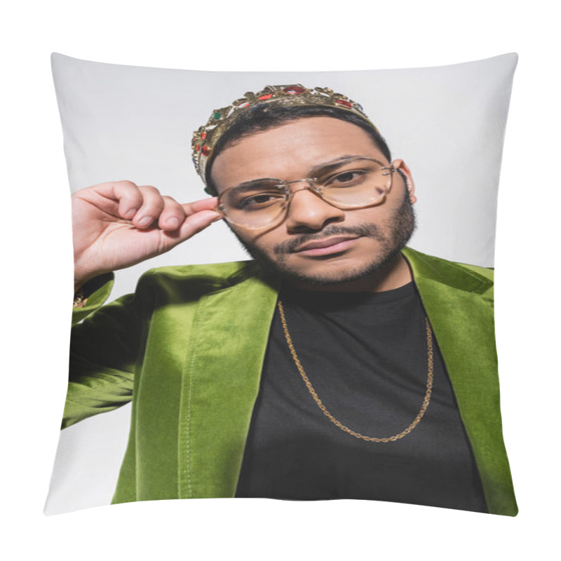 Personality  Eastern Hip Hop Performer In Green Velvet Blazer And Crown Adjusting Isolated On Grey Pillow Covers