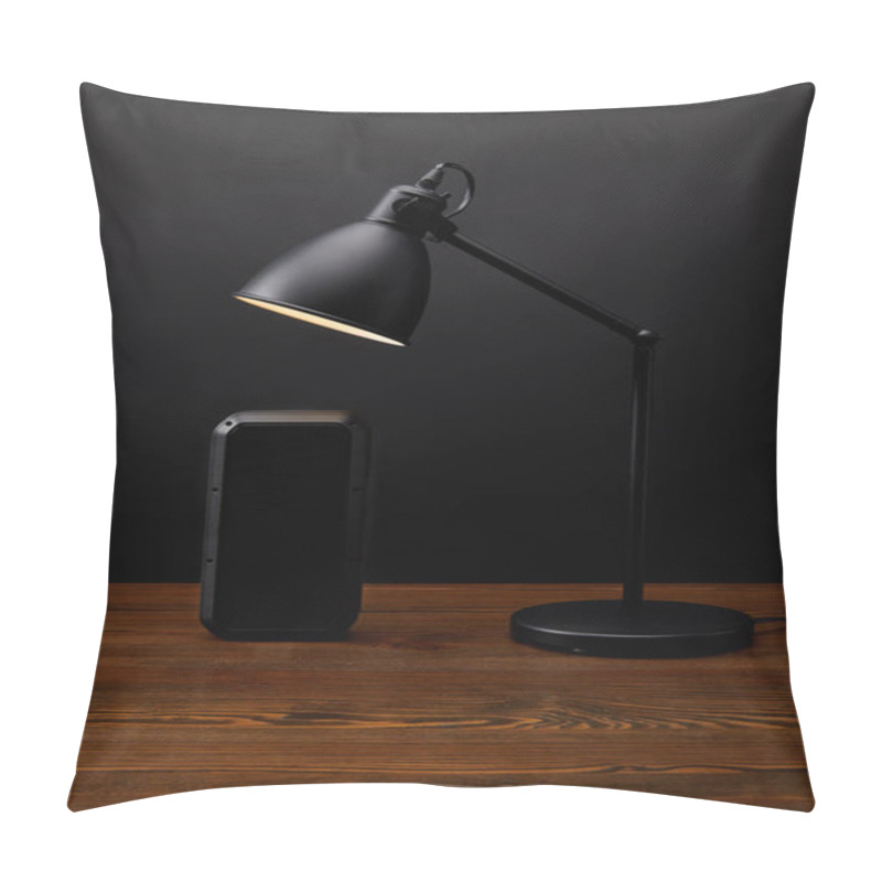 Personality  Close Up View Of Black Audio Speaker And Lamp On Wooden Surface On Black Wall Backdrop Pillow Covers