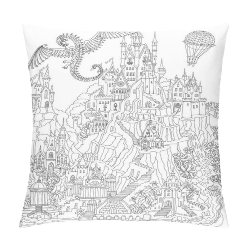 Personality  Black And White Fantasy Landscape. Fairy Tale Castle On A Mountain, Palm Trees, River Waterfall. Flying Dragon And Air Baloon. Coloring Book Page For Adults  Pillow Covers