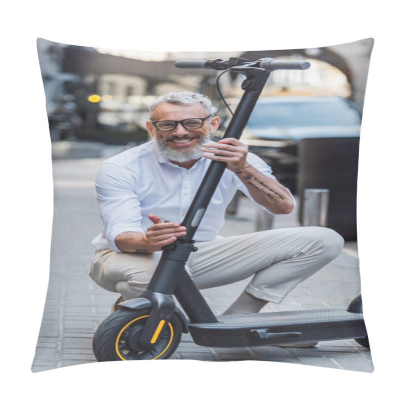 Personality  Happy Mature Man Adjusting Electric Scooter On Street  Pillow Covers