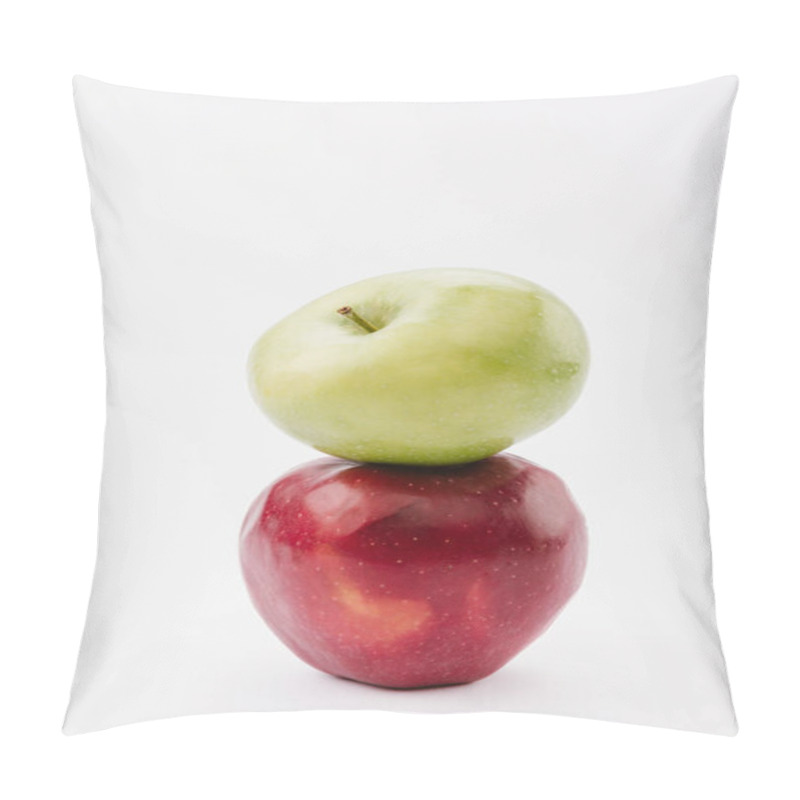 Personality  Stack Of Two Ripe Red And Green Apples On White Background Pillow Covers