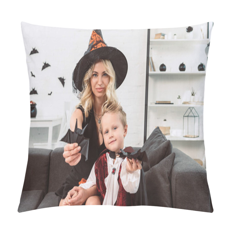 Personality  Mother And Little Son In Halloween Costumes Showing Black Paper Bats On Sofa At Home Pillow Covers