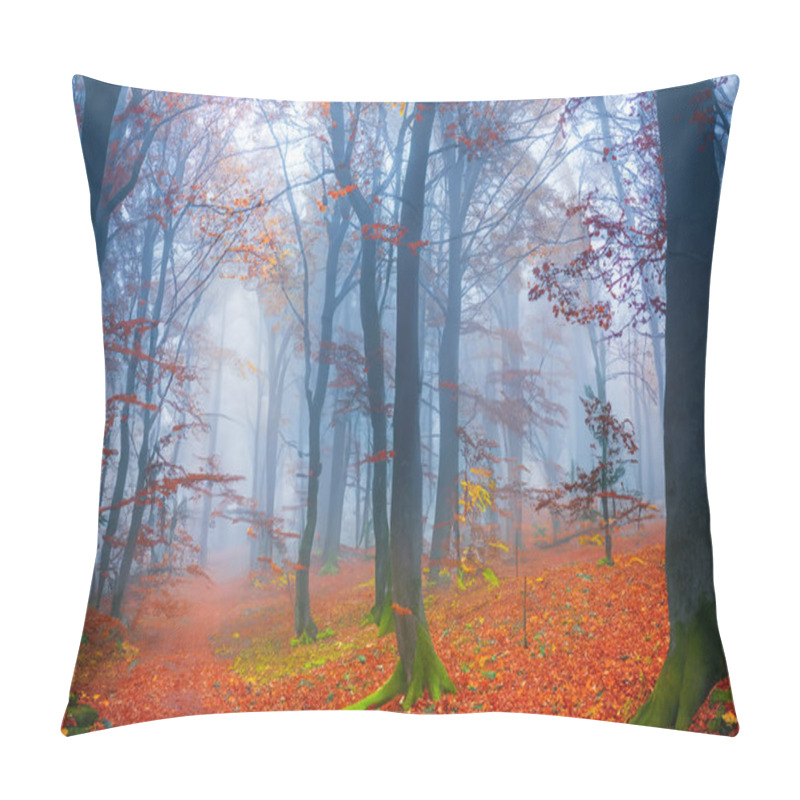 Personality  Forest. Massive Landscape With Spruce Forest. The Sun Shines Through Trees, Ground Covered With Moss And Fern, Mountain Range. River. Aerial View. March 21. 2024. International Day Of Forests. Pillow Covers