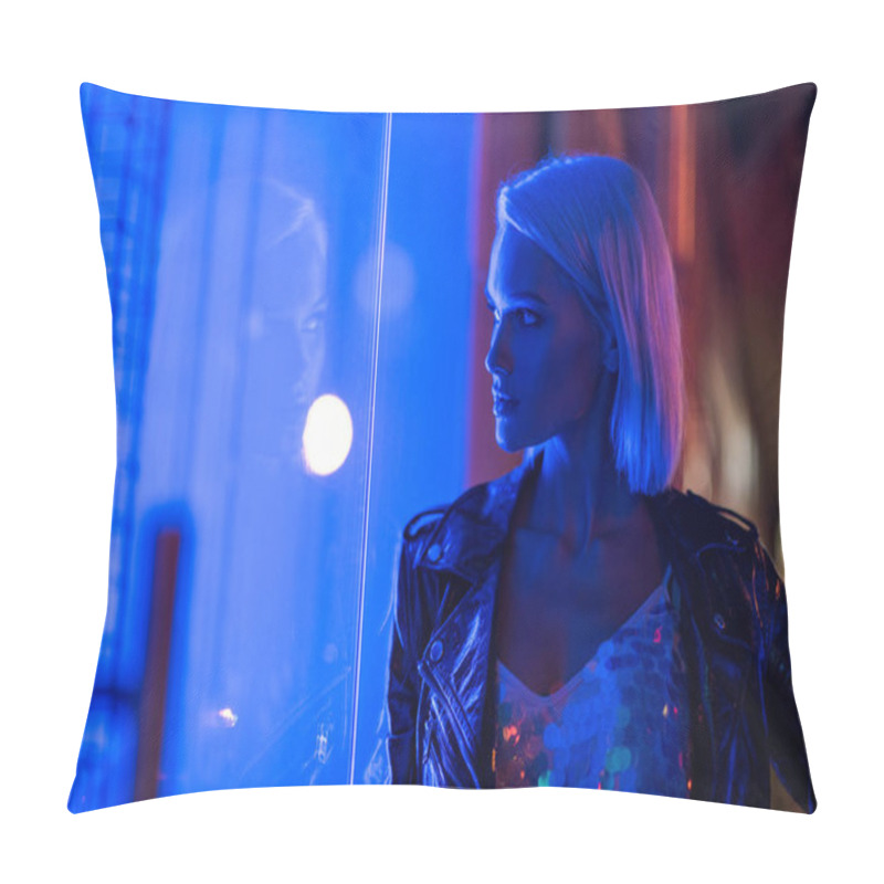 Personality  Stylish Young Woman In Glossy Tank Top And Leather Jacket On Street At Night Under Blue Light Pillow Covers