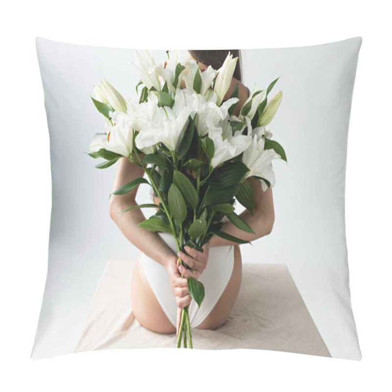 Personality  Back View Of Tender Young Woman Holding Bouquet Of Lilies Behind Back On White Background Pillow Covers