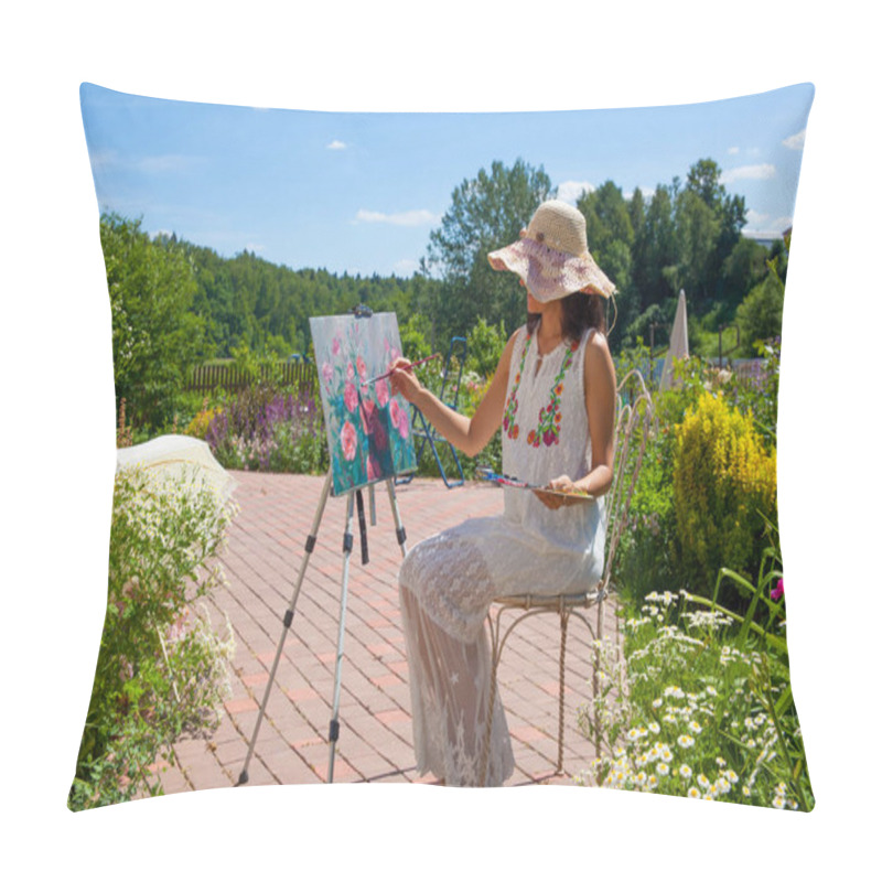 Personality  Partial View Of Woman In Hat Drawing Picture In Summer Garden Pillow Covers