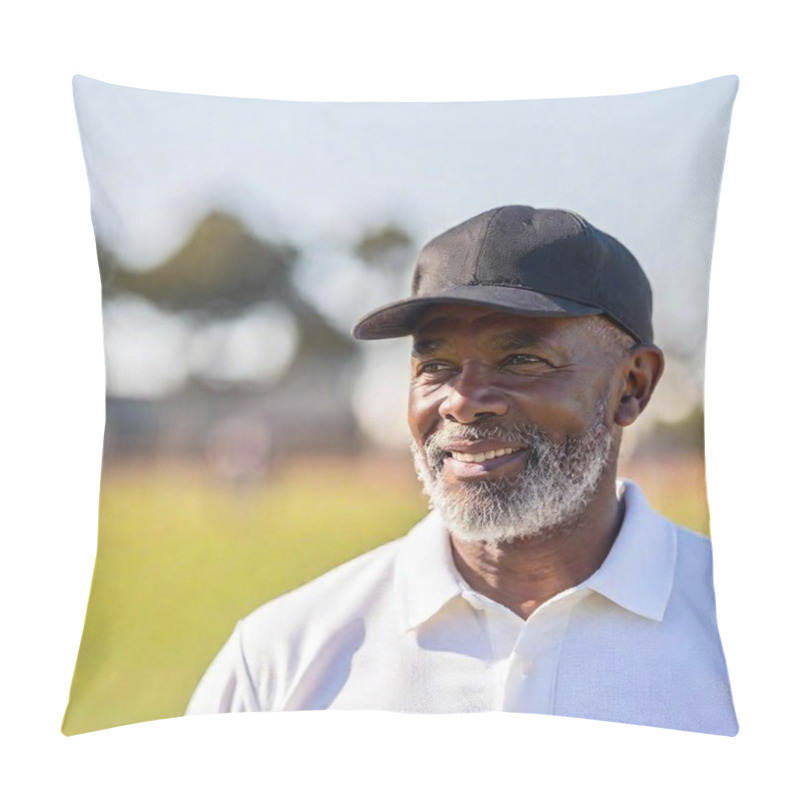 Personality  An Elderly Cricketer Smiling As He Puts On His Traditional Cricket Cap, Ready To Lead His Team Onto The Field. Pillow Covers