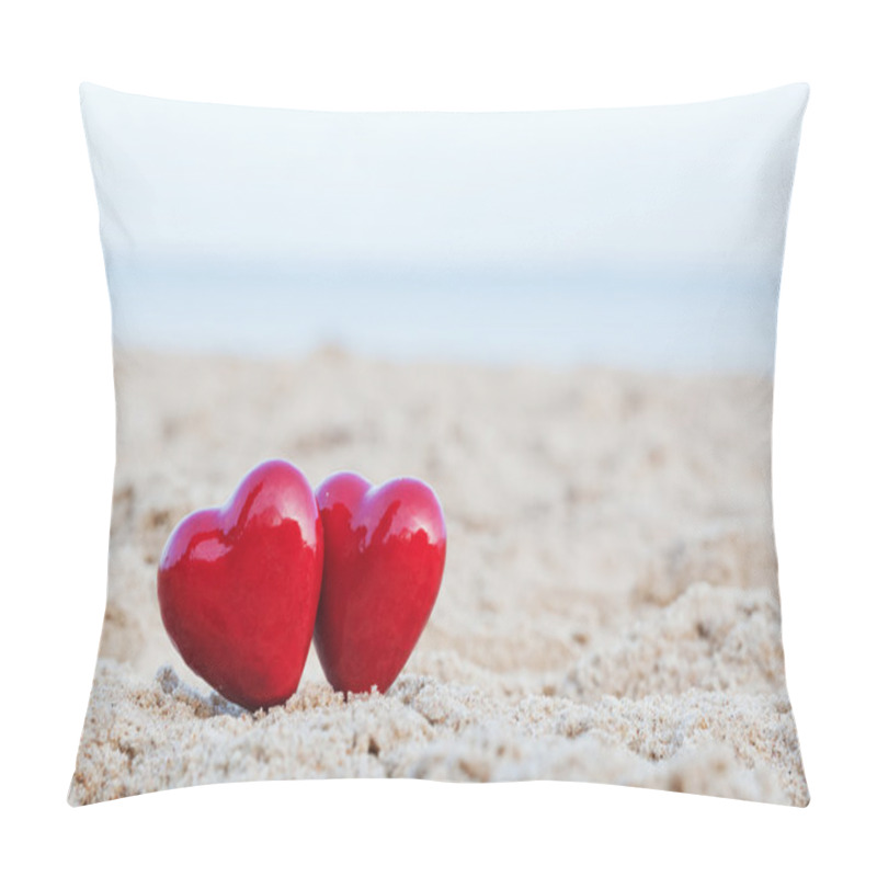 Personality  Two Red Hearts On The Beach Symbolizing Love, Valentine's Day, Romantic Couple Pillow Covers