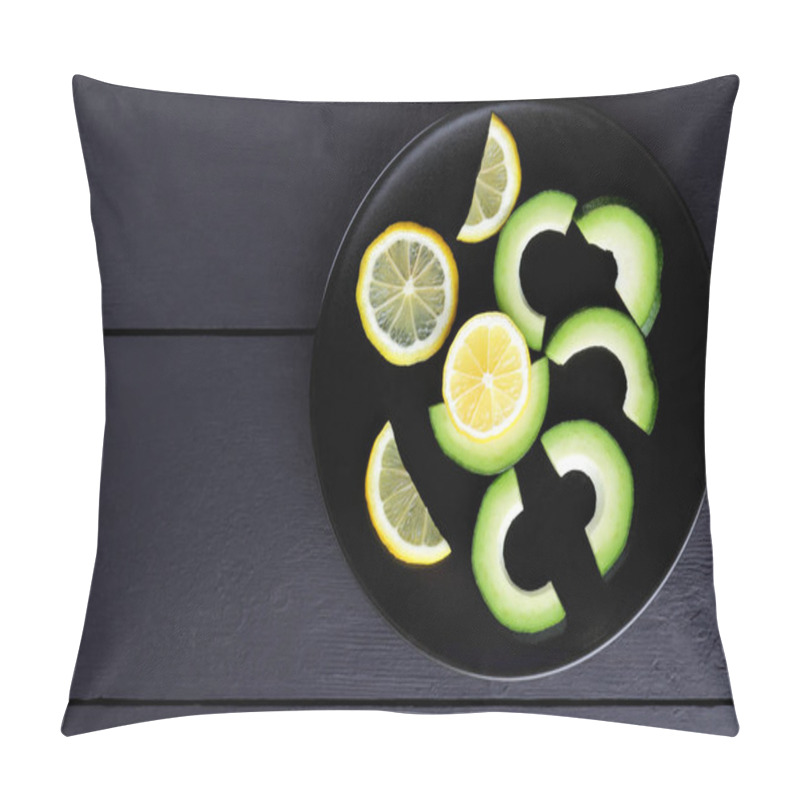 Personality  Avocado On A Black Plate Top View, Sliced Avocado And Lemon On Black Wooden Boards, Vegetarian Food, Useful Natural Food, Tropical Fruits For Breakfast, Chilean Food, Copy Space Pillow Covers