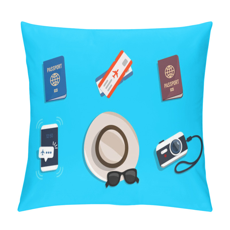 Personality  Traveler's Accessories. Set Objects For Trip. Top View. Vector Illustration In Flat Style. Pillow Covers